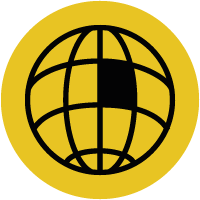 Weltkugel mit Raster, ein Raster schwarz ausgefüllt auf gelbem Kreis
