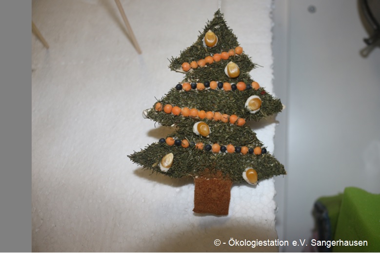 Weihnachtsmotive aus Sperrholzformen werden mit Naturkleber und Pflanzenpulvern/-früchten gestaltet