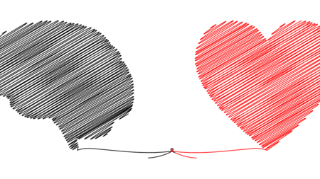 Ein gemaltes rotes Herz verbunden mit einem grauen gemalten Gehirn